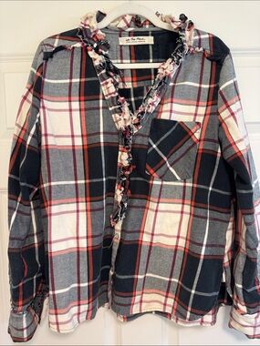 Frayed Plaid Flannel Shirt - Navy, Gray & Red -